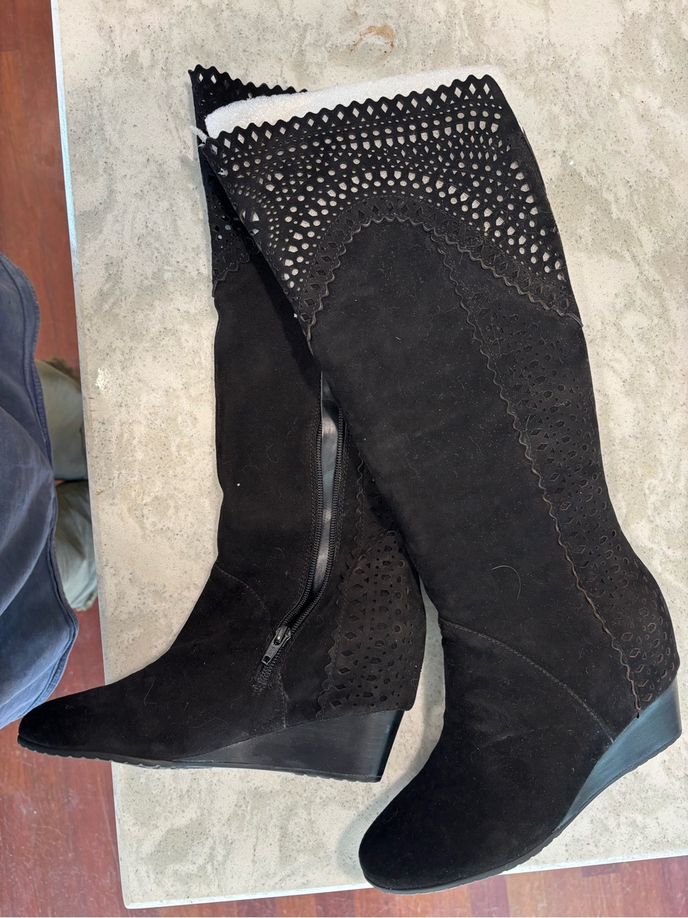 Sofft New “Brighton” Black Suede Over-the-Knee Wedge Boots Laser-Cut Detail 8.5